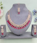 Pink color rhodium plating festive wear designer necklace set