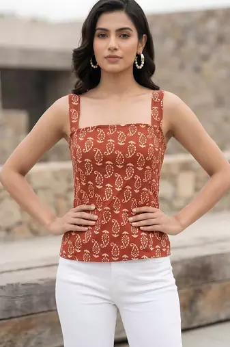 Orange cotton printed top for women