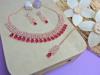 Pink color rhodium plating festive wear designer necklace set 2
