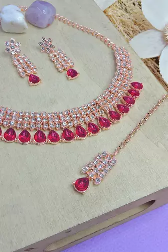 Pink color rhodium plating festive wear designer necklace set