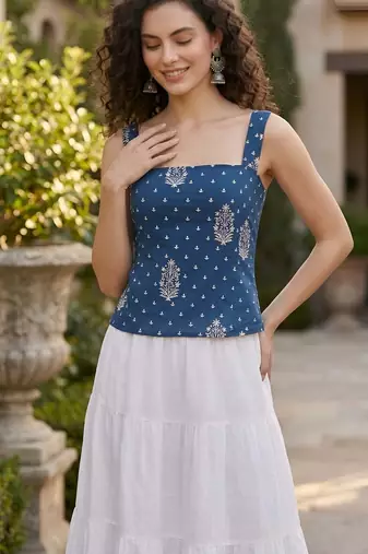 Blue cotton printed top for women
