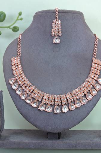 Pink color rhodium plating festive wear designer necklace set