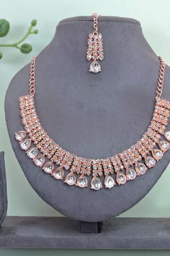 Pink color rhodium plating festive wear designer necklace set