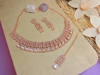 Pink color rhodium plating festive wear designer necklace set 2