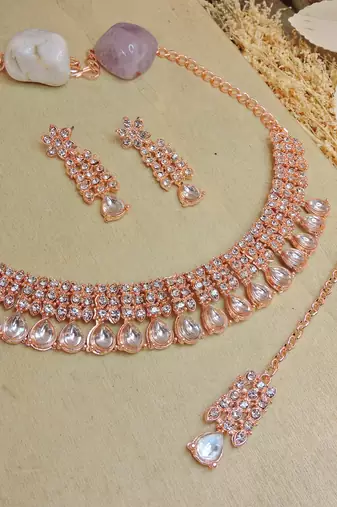Pink color rhodium plating festive wear designer necklace set