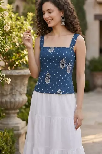 Blue cotton printed top for women