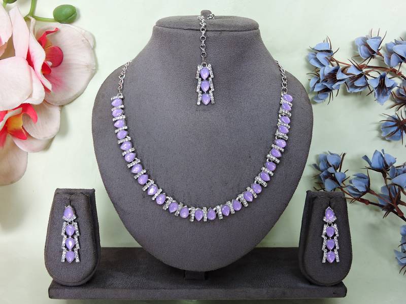 Purple color rhodium plating festive wear designer necklace set