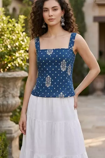 Blue cotton printed top for women