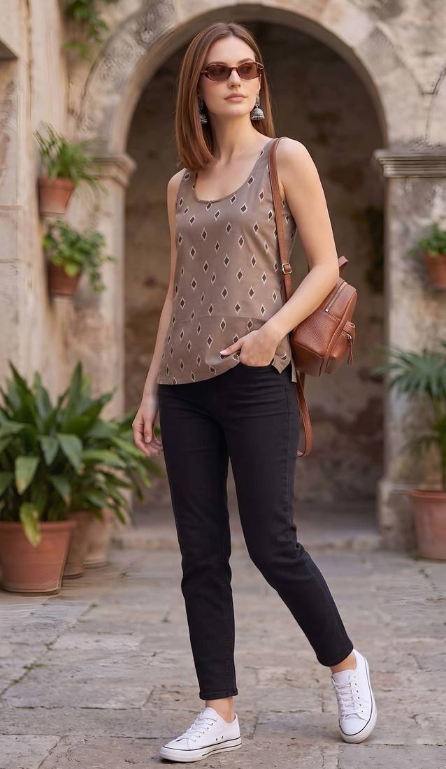 Beige cotton printed top for women