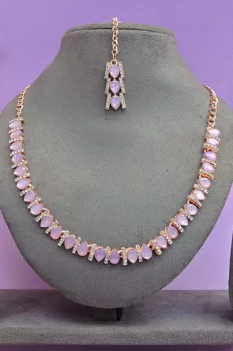 Pink color rhodium plating festive wear designer necklace set