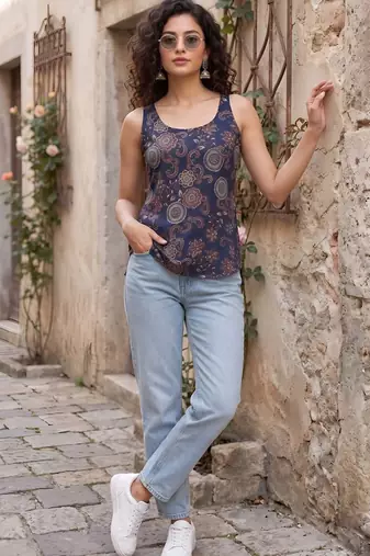 Blue cotton printed top for women