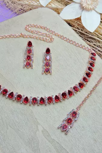 Maroon color rhodium plating festive wear designer necklace set