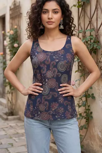 Blue cotton printed top for women