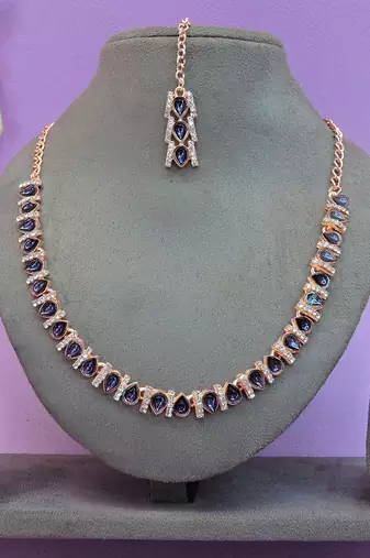 Blue color rhodium plating festive wear designer necklace set