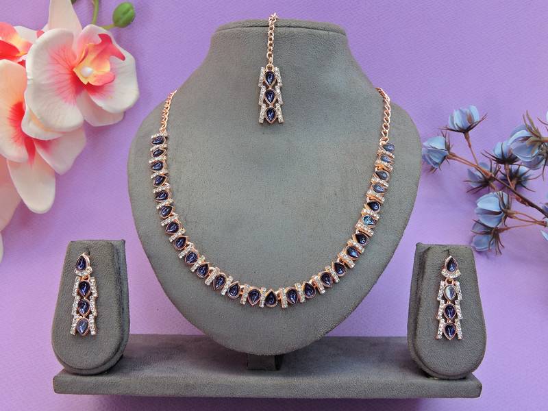 Blue color rhodium plating festive wear designer necklace set