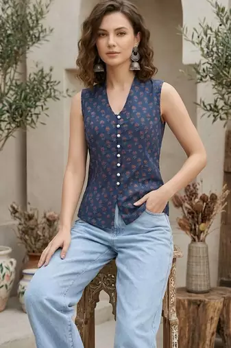 Blue cotton printed top for women