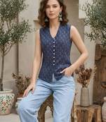 Blue cotton printed top for women