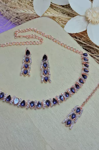Blue color rhodium plating festive wear designer necklace set