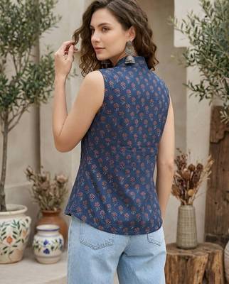 Blue cotton printed top for women 2