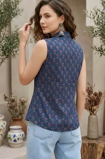 Blue cotton printed top for women