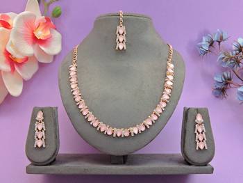 Pink color rhodium plating festive wear designer necklace set 1