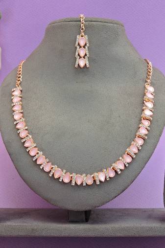 Pink color rhodium plating festive wear designer necklace set