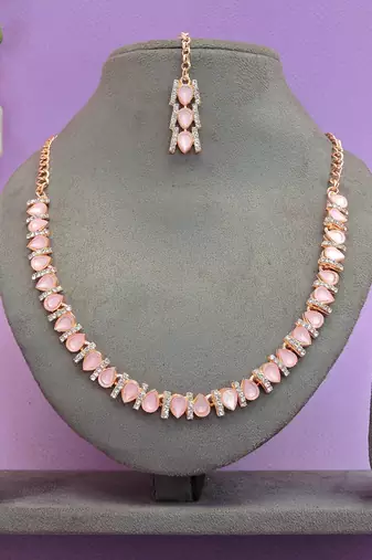 Pink color rhodium plating festive wear designer necklace set