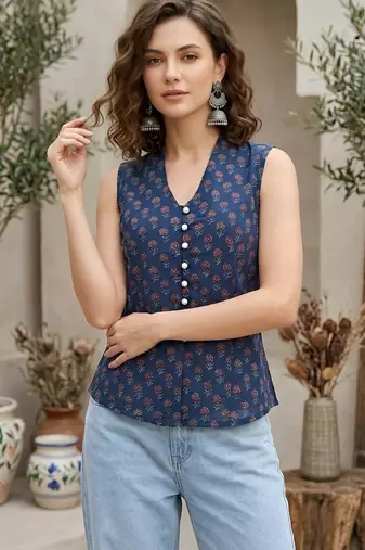 Blue cotton printed top for women