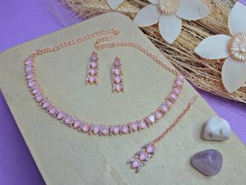 Pink color rhodium plating festive wear designer necklace set 2