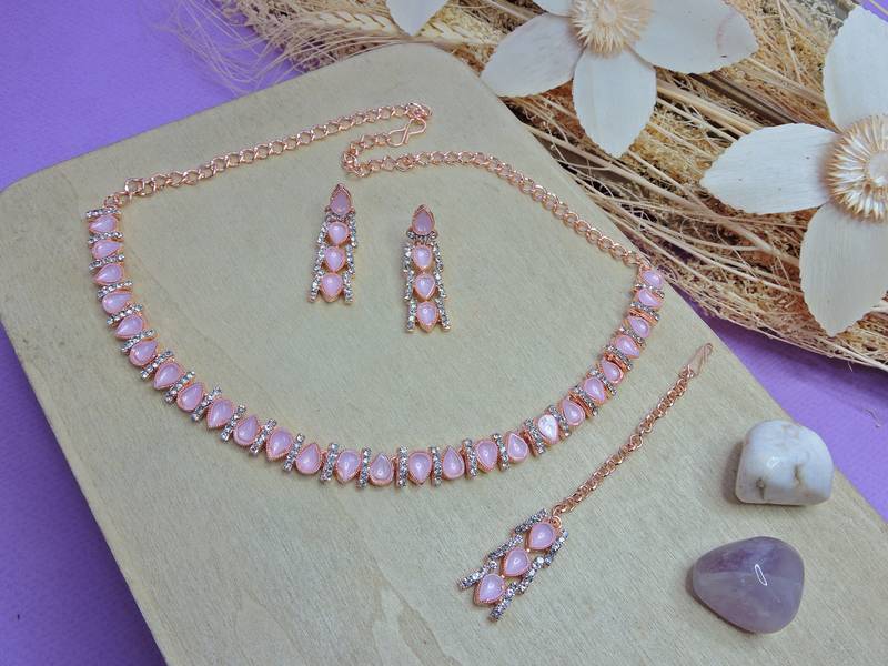 Pink color rhodium plating festive wear designer necklace set