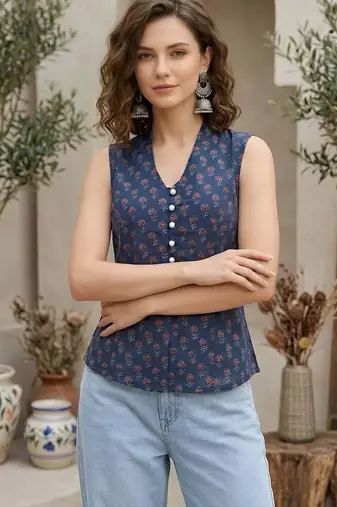 Blue cotton printed top for women