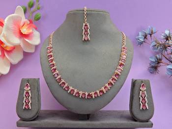 Pink color rhodium plating festive wear designer necklace set 1