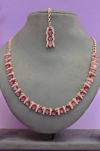Pink color rhodium plating festive wear designer necklace set