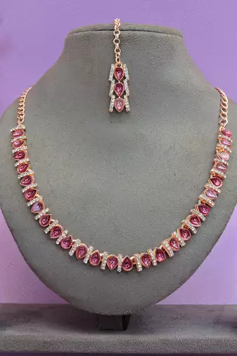 Pink color rhodium plating festive wear designer necklace set