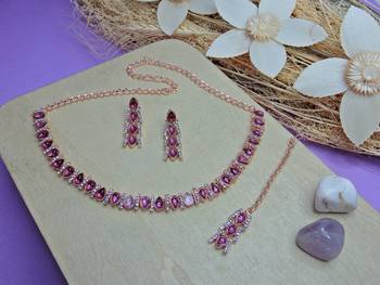 Pink color rhodium plating festive wear designer necklace set 2