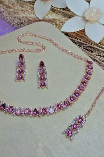 Pink color rhodium plating festive wear designer necklace set