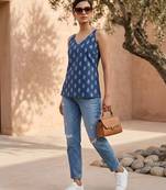 Blue cotton printed top for women