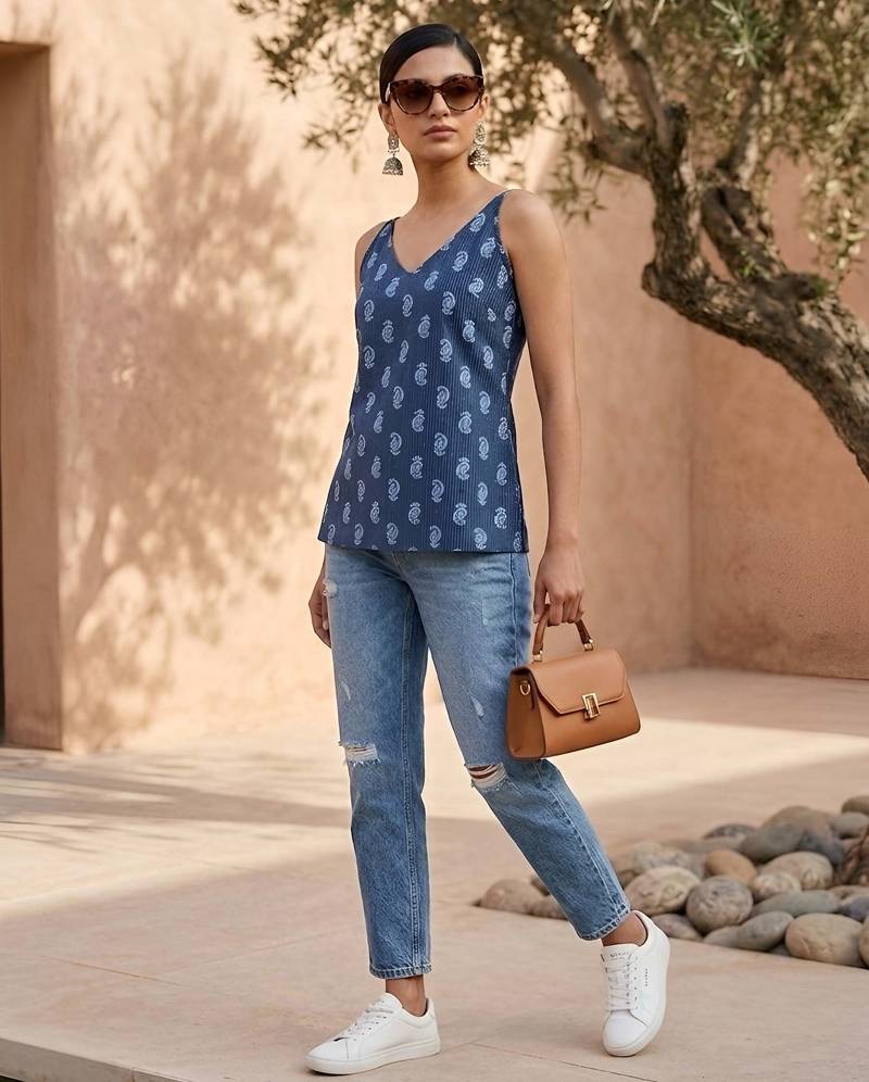 Blue cotton printed top for women