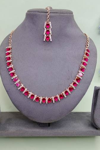 Pink color rhodium plating festive wear designer necklace set