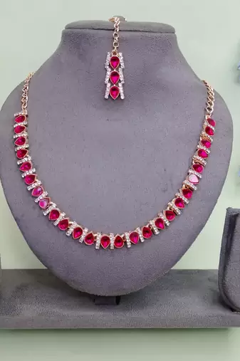 Pink color rhodium plating festive wear designer necklace set