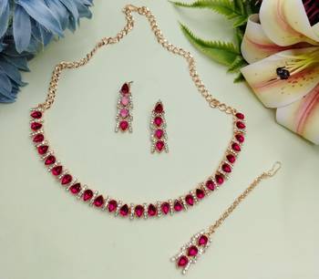 Pink color rhodium plating festive wear designer necklace set 2