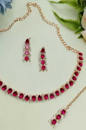 Pink color rhodium plating festive wear designer necklace set