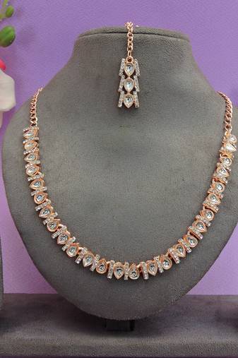 Pink color rhodium plating festive wear designer necklace set