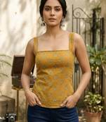 Mustard cotton printed top for women