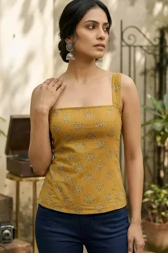 Mustard cotton printed top for women