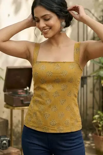 Mustard cotton printed top for women