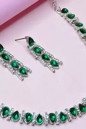Green color rhodium plating festive wear designer necklace set