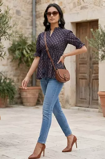 Blue cotton printed top for women