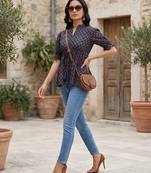 Blue cotton printed top for women