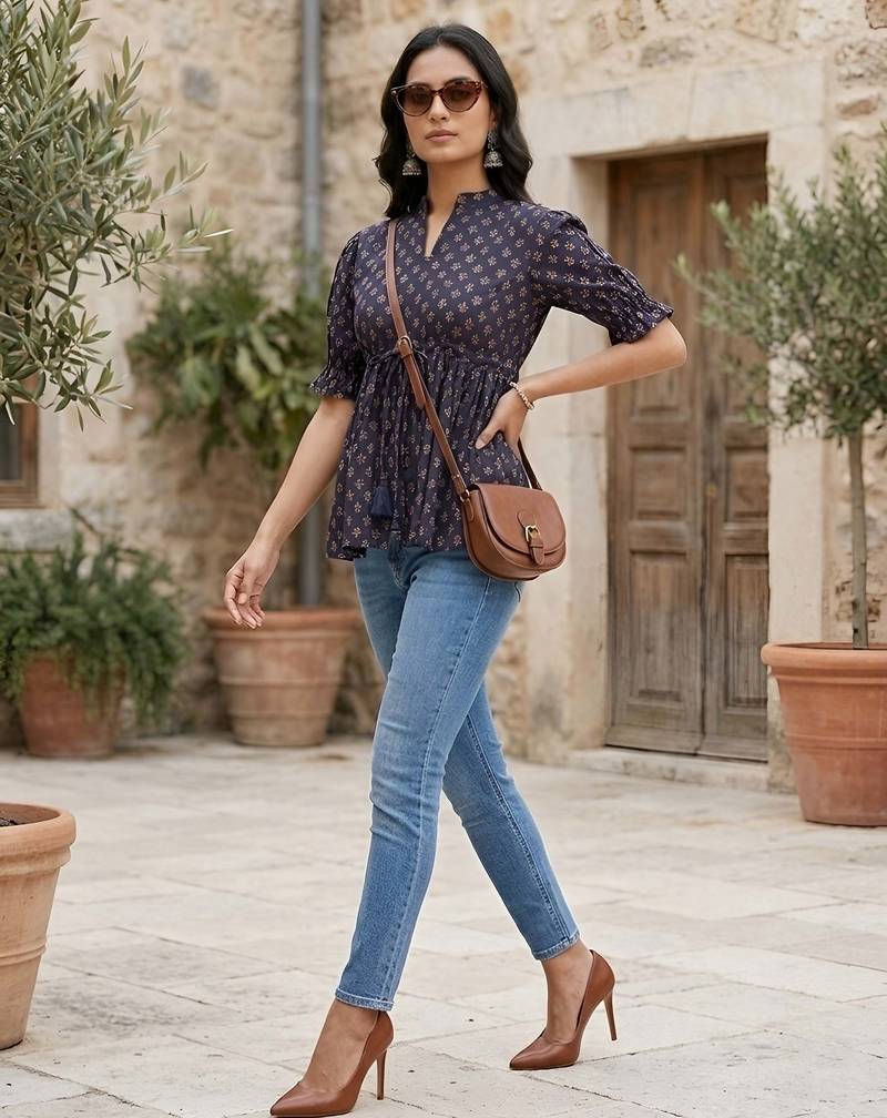 Blue cotton printed top for women